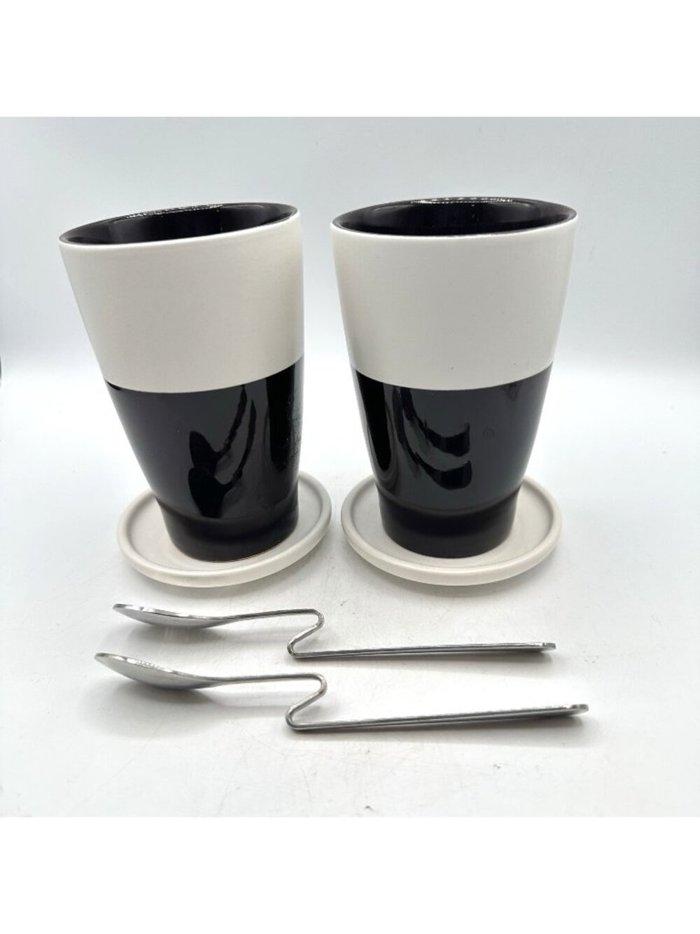 Two Tone Ceramic Coffee Mugs With Hanging Spoons 10 oz Cappuccino Latte Cups